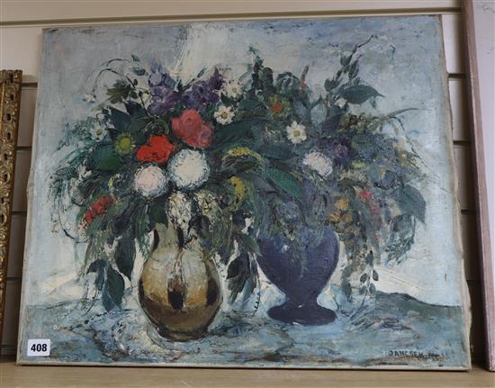 Antal Jancsek (Hungarian 1907-1985), oil on canvas, Still life of flowers in vases, signed, 50 x 60cm, unframed